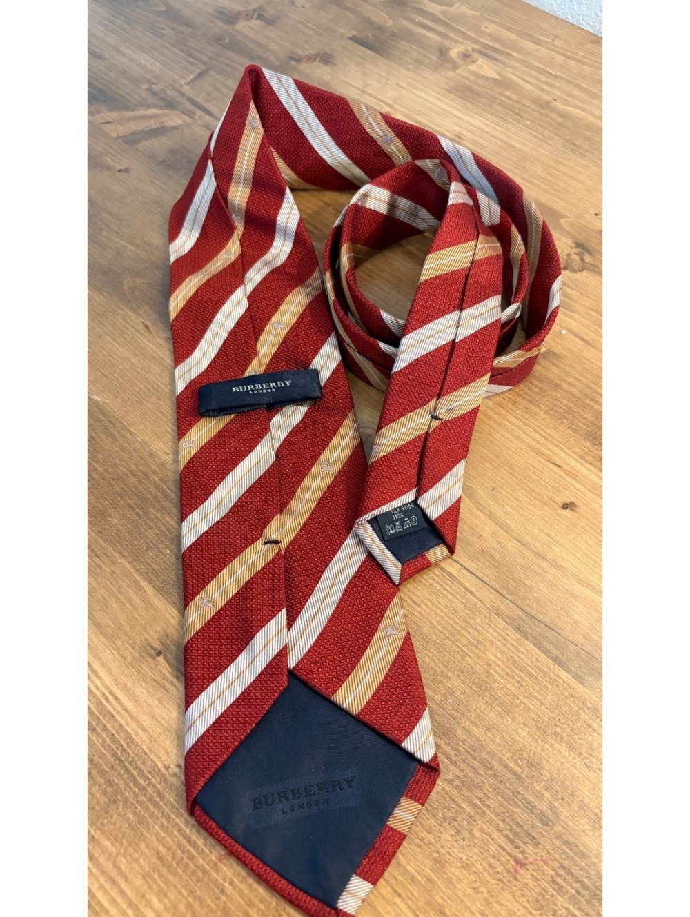 Burberry London Equestrian Knight logo, Red, Gold and Beige Striped Jacquard Tie